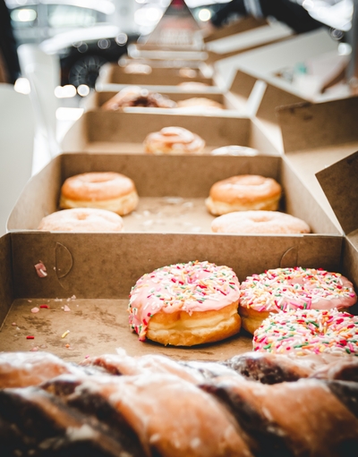 A donut or doughnut is a sweet confection made of fried dough commonly eaten for breakfast or dessert.