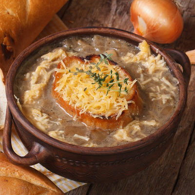 As the name suggests, French onion soup is a soup made of onions and served with croutons or cheese on top of a piece of bread, making it a one-pot dish.