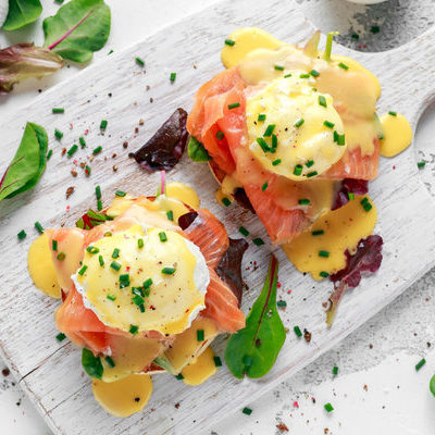 Eggs Benedict is a dish commonly eaten for breakfast or brunch in North America.