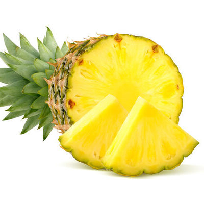 The pineapple (Ananas comosus) is a tropical fruit that is tough and thorny on the outside and has a hard, yellow flesh inside.
