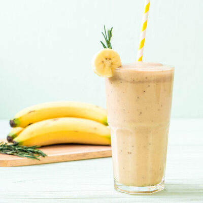 A banana smoothie is a blended drink in which banana is the main ingredient.