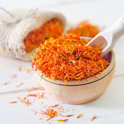 Saffron is a spice derived from the flower of the crocus sativus and is dried for use as a seasoning and coloring agent.