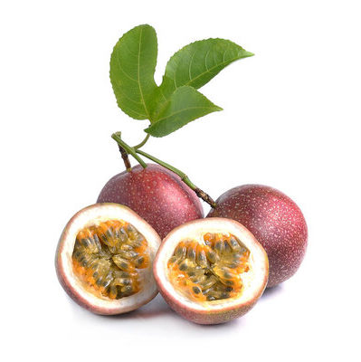 Passion fruit is a tropical fruit that has a dark purple and inedible skin and a firm, juicy interior filled with yellow flesh and black seeds.