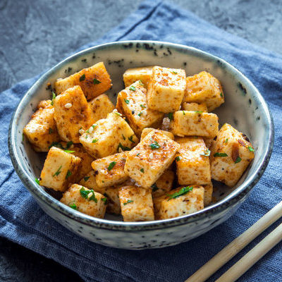 Tofu is made from curdled soybeans that have been pressed into blocks.