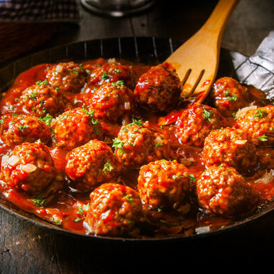 Meatballs are made from ground meat rolled in the shape of small balls.