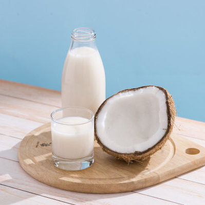 Coconut milk is the liquid obtained from pressing the grated flesh of coconuts.