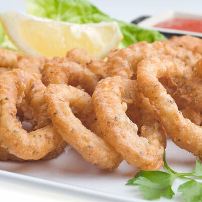 Fried calamari is a dish prepared by coating squid in a flour batter and deep frying it.