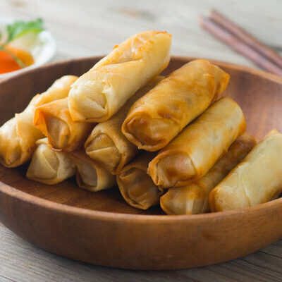 Lumpiang Shanghai is a Filipino dish made of ground pork wrapped in an outer shell.