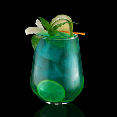 Shark Bite is a cocktail made from spiced and light rum, sour mix, and blue curaçao.