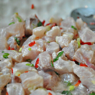 Kinilaw is a Filipino cooking technique in which raw seafood is denatured using vinegar or citrus juice instead of cooking with heat.