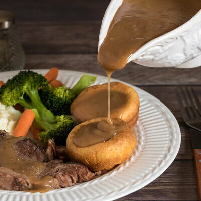 Gravy is a thick brown sauce made from the juice of different meats such as beef or chicken.