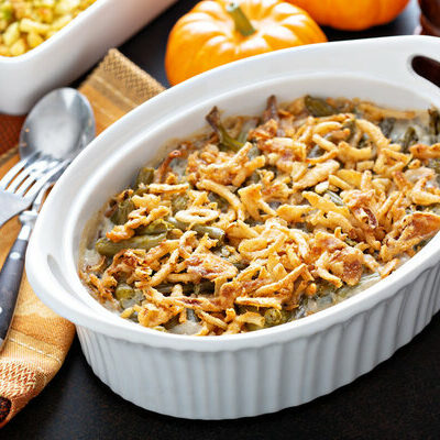 Green bean casserole is a North American dish that consists of green beans, mushroom soup, and fried onions baked into a single dish.