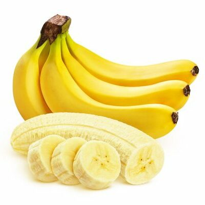 Banana is a type of fruit, classified under the berry category botanically. It has an elongated, curved shape with tapering ends and a bright yellow, inedible skin that peels off easily by hand, and the flesh inside is also yellow.